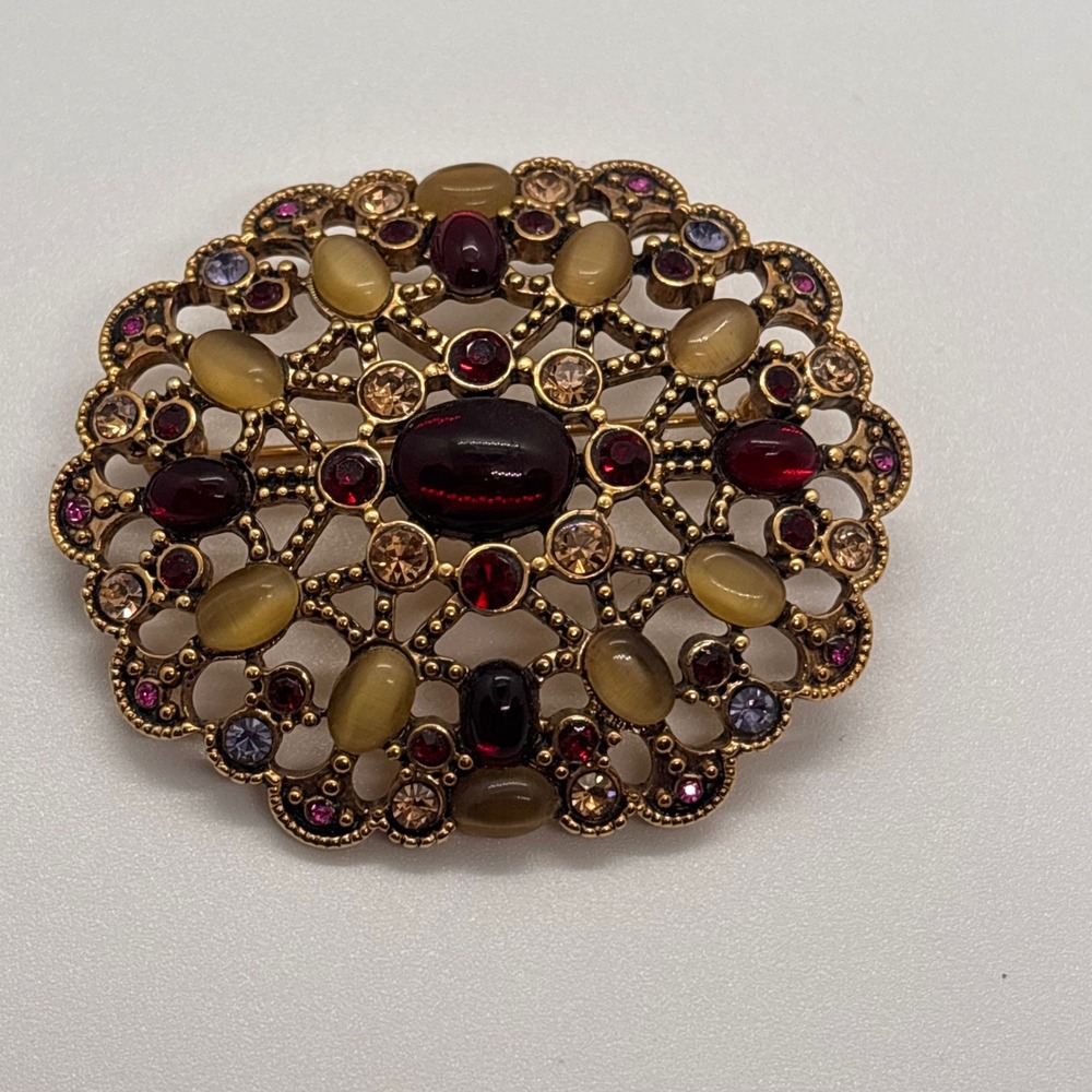 Monet Brooch Gold Tone Rhinestone Cabochon Filigree Statement Vintage